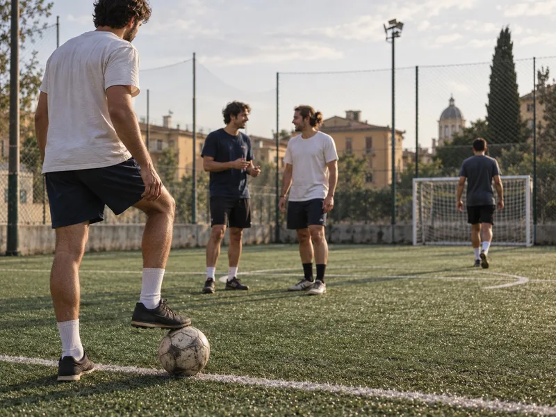 Un gruppo di amici si prepara a giocare a calcetto su un campo sportivo.