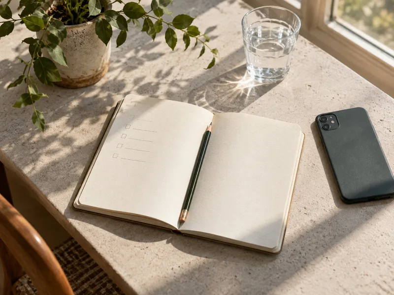 Uno smartphone riposto a faccia in giù accanto a un quaderno, in un momento di pausa.