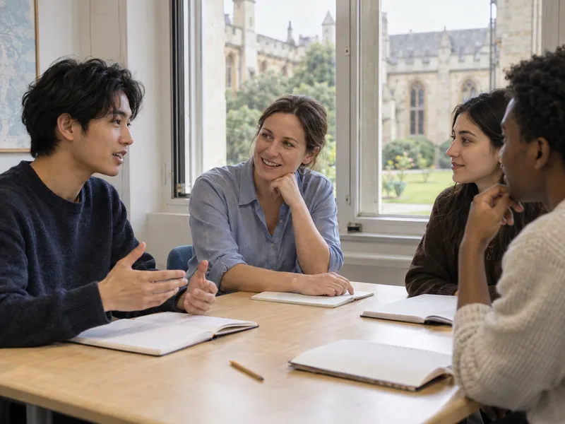 Un piccolo gruppo di studenti conversa con un’insegnante durante un corso di lingua.