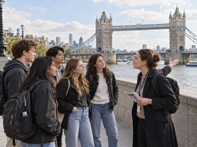 Studenti in viaggio visitano un’attrazione turistica insieme al loro accompagnatore.