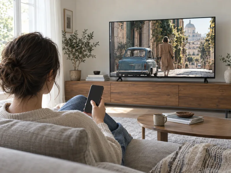Una persona guarda un film e tiene lo smartphone a portata di mano per scoprire luoghi e oggetti della scena.